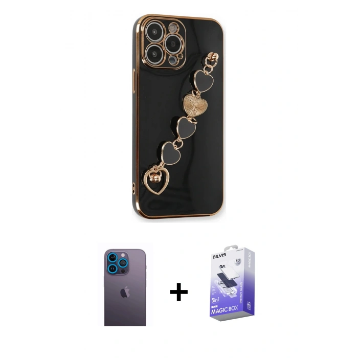 MARSİLYAN™- iPhone 13 Pro Max Kılıf Nova Işık Prime - Siyah Bilvis 5in1 5D Magic Hayalet Cam Ekran Koruyucu + Neon Fosforlu Kamera Lens - MI
