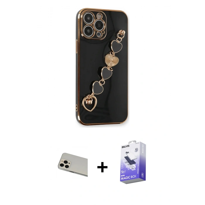 MARSİLYAN™- iPhone 13 Pro Max Kılıf Nova Işık Prime - Siyah Bilvis 5in1 5D Magic Hayalet Cam Ekran Koruyucu + Rainbow Kamera Lens Koruma Cam - REGD