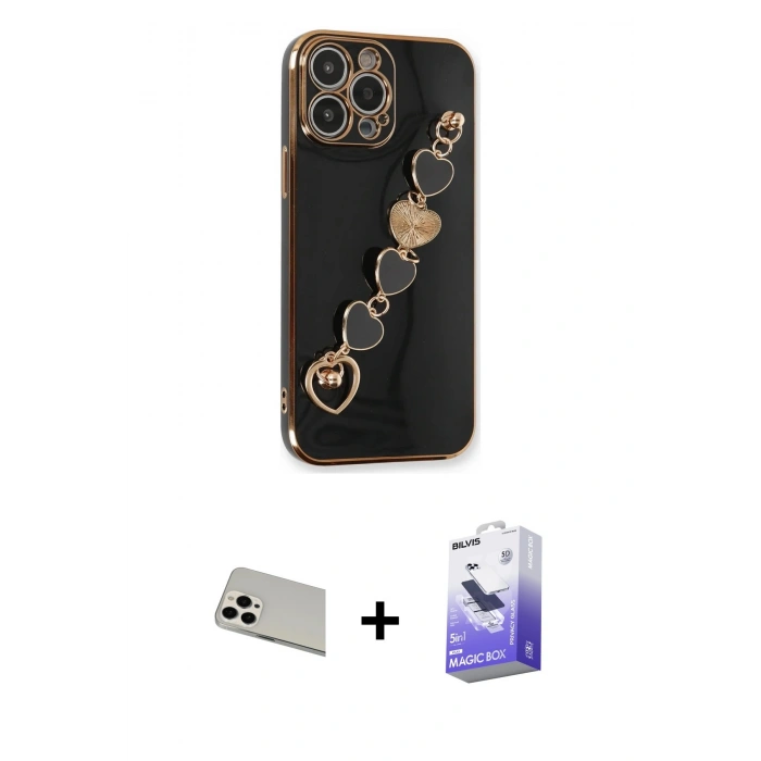 MARSİLYAN™- iPhone 13 Pro Max Kılıf Nova Işık Prime - Siyah Bilvis 5in1 5D Magic Hayalet Cam Ekran Koruyucu + Rainbow Kamera Lens Koruma Cam - BZ