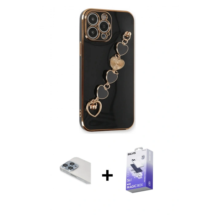 MARSİLYAN™- iPhone 13 Pro Max Kılıf Nova Işık Prime - Siyah Bilvis 5in1 5D Magic Hayalet Cam Ekran Koruyucu + Pers Alüminyum Kamera Lens - SABE