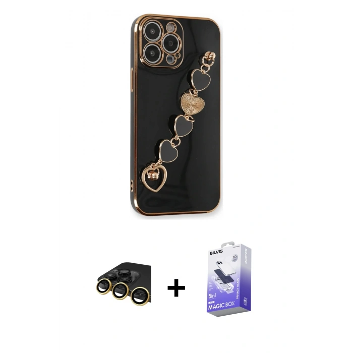 MARSİLYAN™- iPhone 13 Pro Max Kılıf Nova Işık Prime - Siyah Bilvis 5in1 5D Magic Hayalet Cam Ekran Koruyucu + Raze Metal Kamera Lens - GD