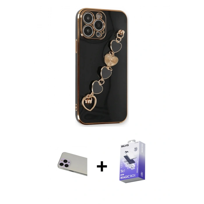 MARSİLYAN™- iPhone 13 Pro Max Kılıf Nova Işık Prime - Siyah Bilvis 5in1 5D Magic Hayalet Cam Ekran Koruyucu + Rainbow Kamera Lens Koruma Cam - MR