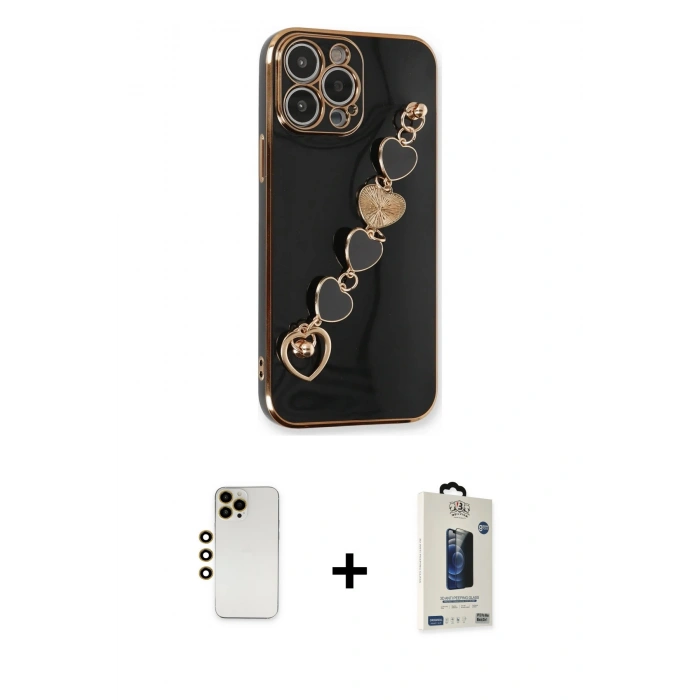 MARSİLYAN™- iPhone 13 Pro Max Kılıf Nova Işık Prime - Siyah Bilvis Hayalet Cam Ekran Koruyucu + Gold Shine Kamera Lens