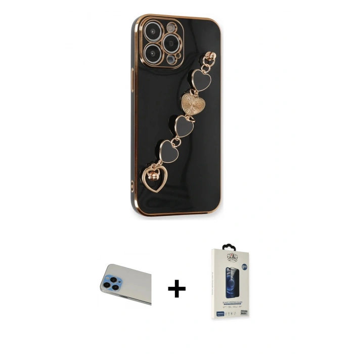 MARSİLYAN™- iPhone 13 Pro Max Kılıf Nova Işık Prime - Siyah Bilvis Hayalet Cam Ekran Koruyucu + Rainbow Kamera Lens Koruma Cam - MI