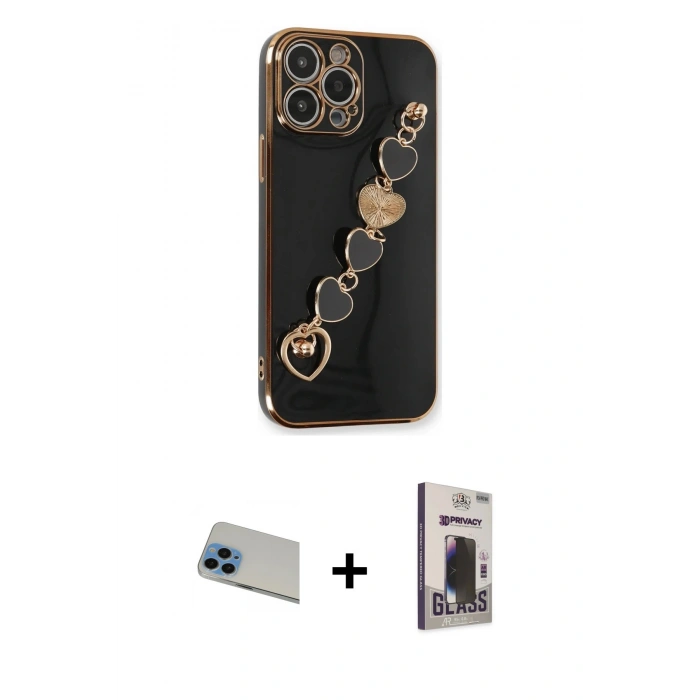 MARSİLYAN™- iPhone 13 Pro Max Kılıf Nova Işık Prime - Siyah Bilvis Hayalet Cam Ekran Koruyucu + Mavi Rainbow Kamera Lens Koruma Cam