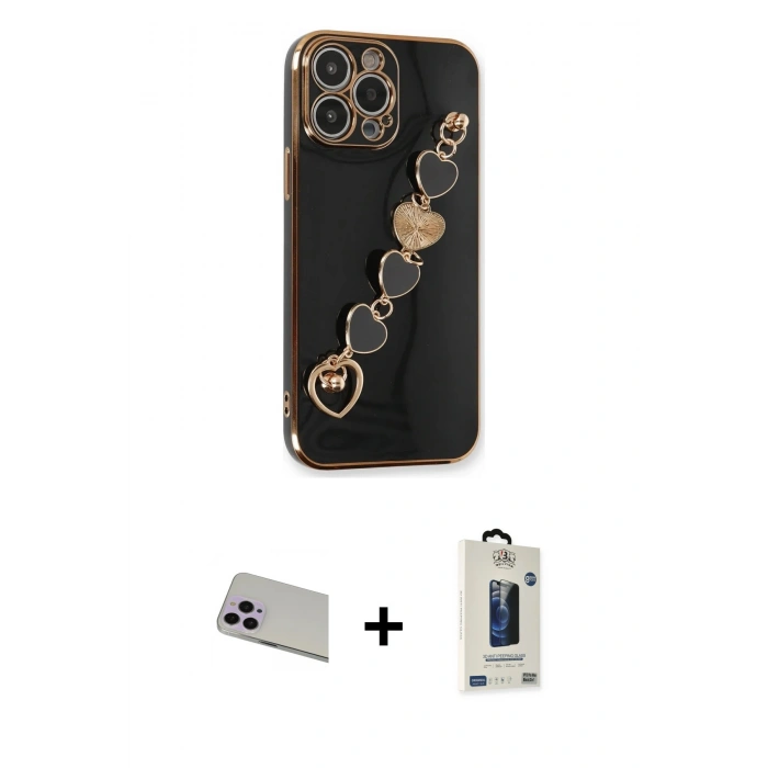 MARSİLYAN™- iPhone 13 Pro Max Kılıf Nova Işık Prime - Siyah Bilvis Hayalet Cam Ekran Koruyucu + Rainbow Kamera Lens Koruma Cam - MR