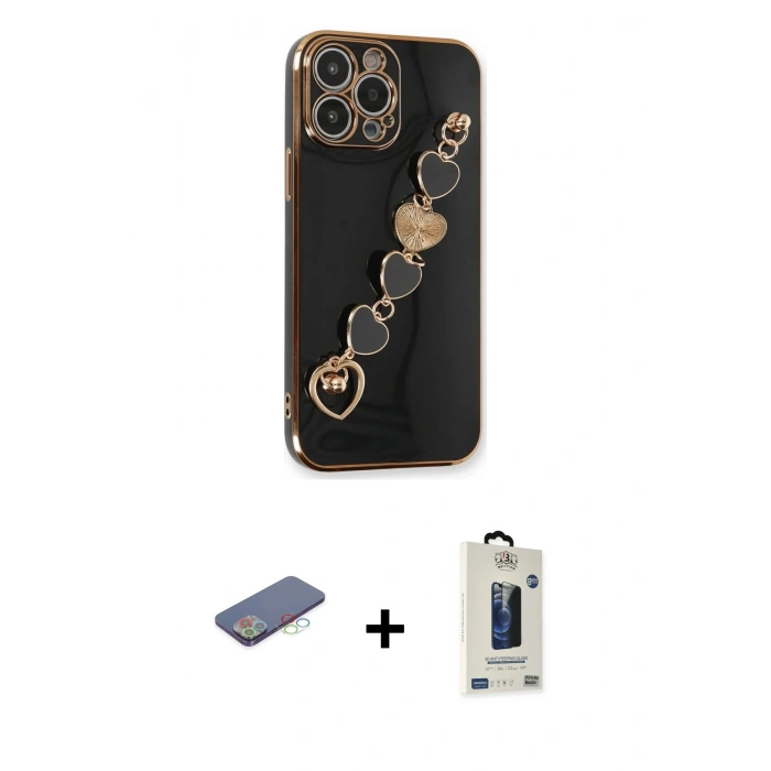 MARSİLYAN™- iPhone 13 Pro Max Kılıf Nova Işık Prime - Siyah Bilvis Hayalet Cam Ekran Koruyucu + Renkli Kamera Lens Koruma Cam - MI