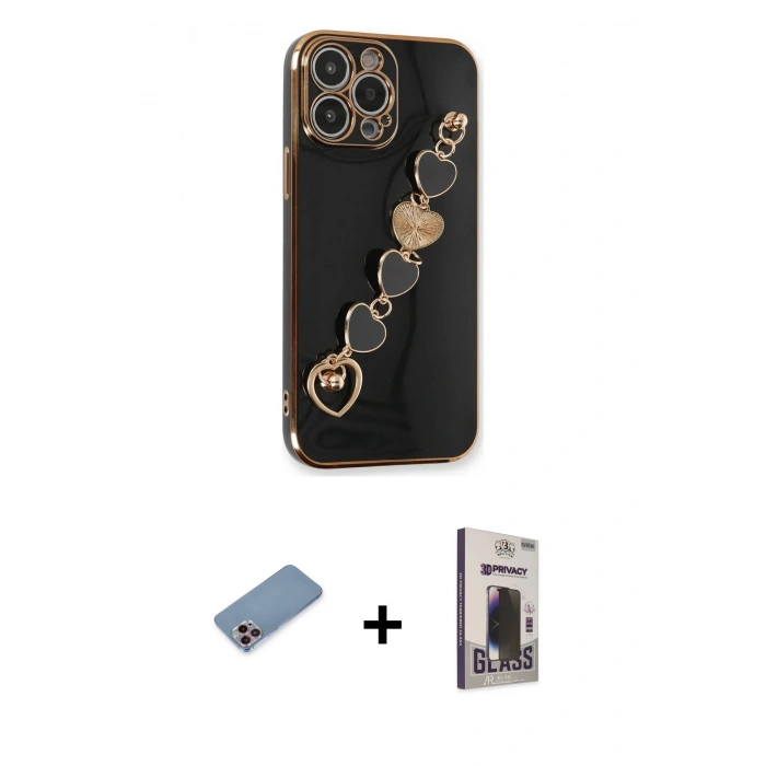 MARSİLYAN™- iPhone 13 Pro Max Kılıf Nova Işık Prime - Siyah Bilvis Hayalet Cam Ekran Koruyucu + Shine Kamera Lens Koruma Cam - PE