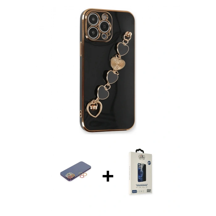 MARSİLYAN™- iPhone 13 Pro Max Kılıf Nova Işık Prime - Siyah Bilvis Hayalet Cam Ekran Koruyucu + Renkli Kamera Lens Koruma Cam - TU