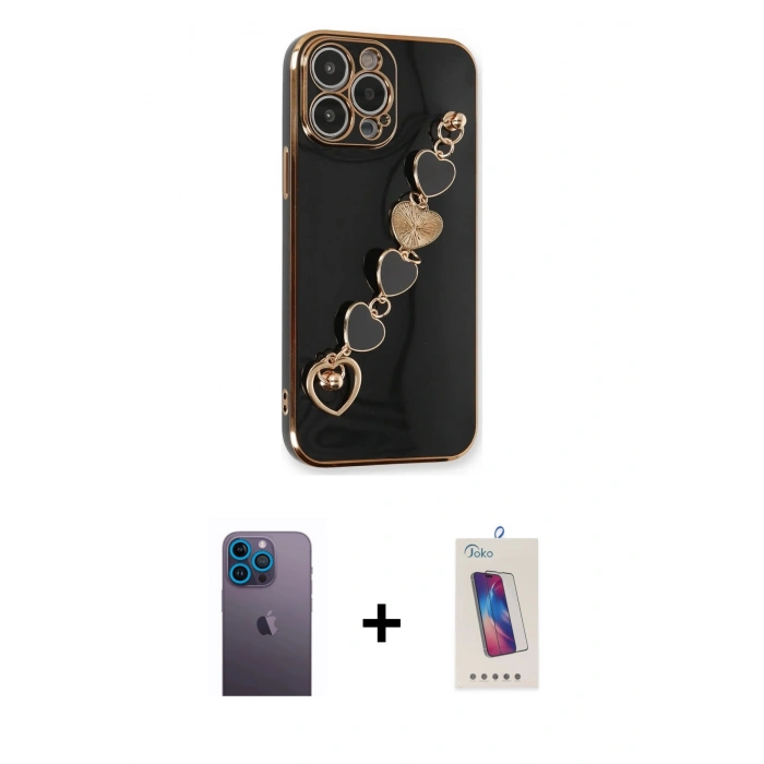 MARSİLYAN™- iPhone 13 Pro Max Kılıf Nova Işık Prime - Siyah Joko 5D Cam + Mavi Neon Fosforlu Kamera Lens