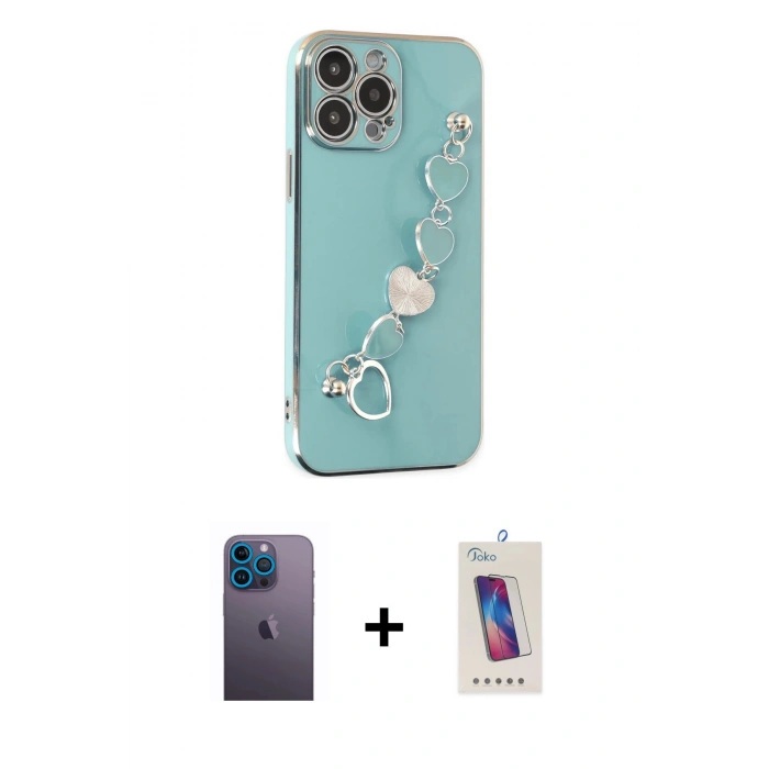 MARSİLYAN™- iPhone 13 Pro Max Kılıf Nova Işık Prime - Siyah Joko 5D Cam + Mavi Neon Fosforlu Kamera Lens