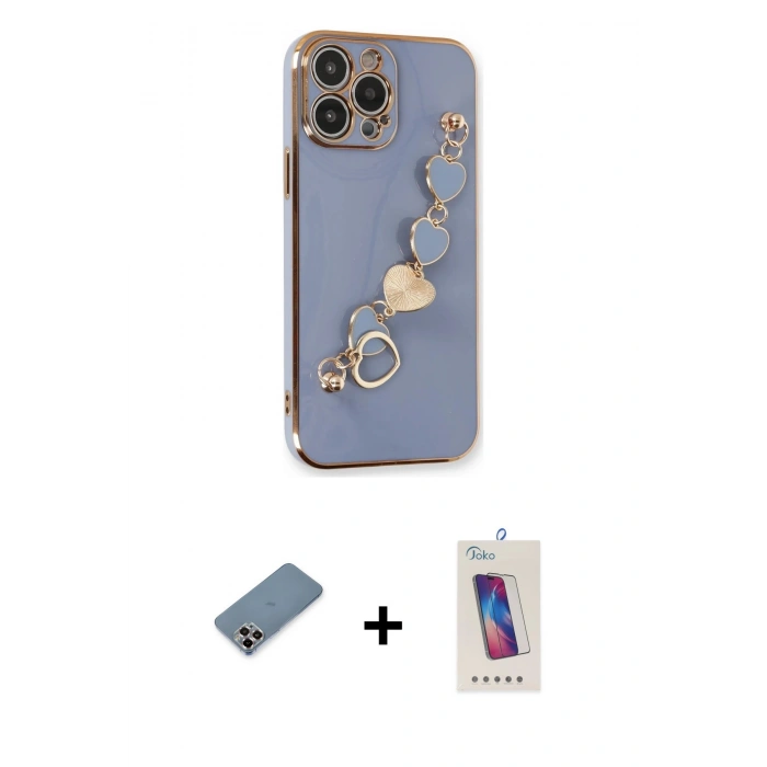 MARSİLYAN™- iPhone 13 Pro Max Kılıf Nova Işık Prime - Siyah Joko 5D Cam + Mor Metal Kamera Lens Koruma Cam