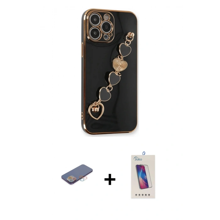 MARSİLYAN™- iPhone 13 Pro Max Kılıf Nova Işık Prime - Siyah Joko 5D Cam + Renkli Kamera Lens Koruma Cam - PE