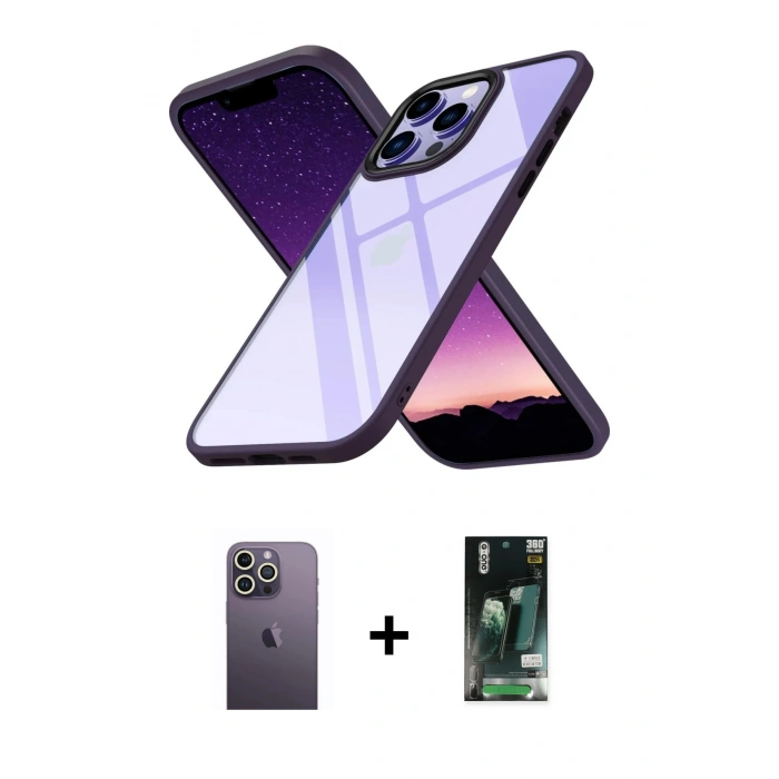 MARSİLYAN™- iPhone 13 Pro Max Kılıf Nova Işık Serisi - Şeffaf 360 Full Body Arka Koruyucu + Neon Fosforlu Kamera Lens - BZ