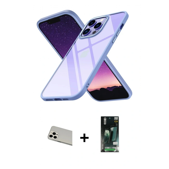 MARSİLYAN™- iPhone 13 Pro Max Kılıf Nova Işık Serisi - Şeffaf 360 Full Body Arka Koruyucu + Rainbow Kamera Lens Koruma Cam - BZ