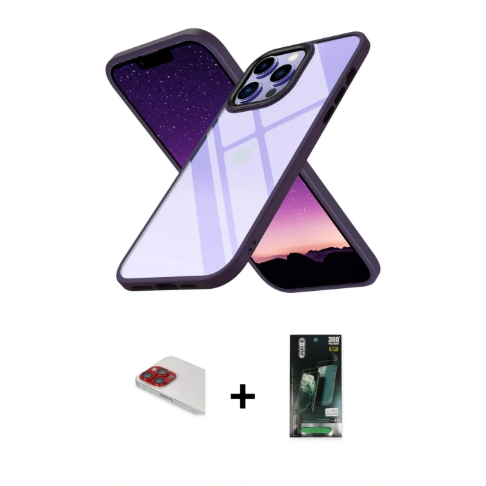 MARSİLYAN™- iPhone 13 Pro Max Kılıf Nova Işık Serisi - Şeffaf 360 Full Body Arka Koruyucu + Kırmızı Pers Alüminyum Kamera Lens