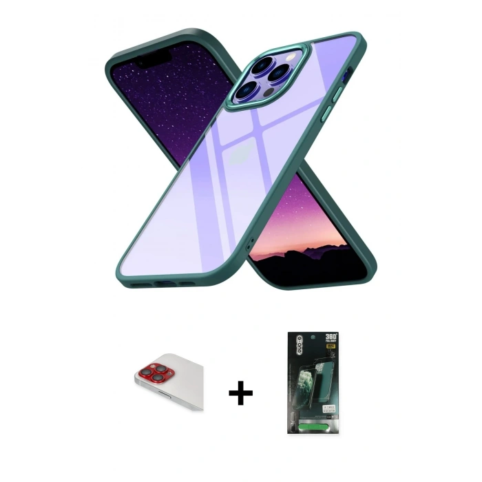 MARSİLYAN™- iPhone 13 Pro Max Kılıf Nova Işık Serisi - Şeffaf 360 Full Body Arka Koruyucu + Kırmızı Pers Alüminyum Kamera Lens
