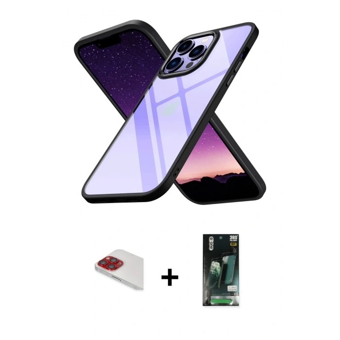 MARSİLYAN™- iPhone 13 Pro Max Kılıf Nova Işık Serisi - Şeffaf 360 Full Body Arka Koruyucu + Kırmızı Pers Alüminyum Kamera Lens