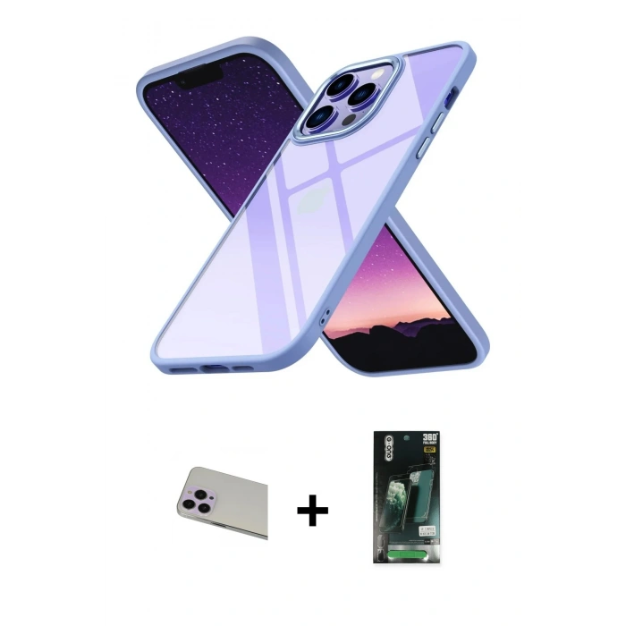 MARSİLYAN™- iPhone 13 Pro Max Kılıf Nova Işık Serisi - Şeffaf 360 Full Body Arka Koruyucu + Rainbow Kamera Lens Koruma Cam - MR