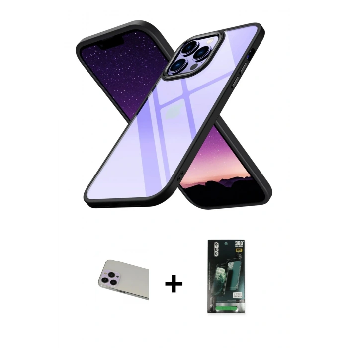 MARSİLYAN™- iPhone 13 Pro Max Kılıf Nova Işık Serisi - Şeffaf 360 Full Body Arka Koruyucu + Rainbow Kamera Lens Koruma Cam - MR