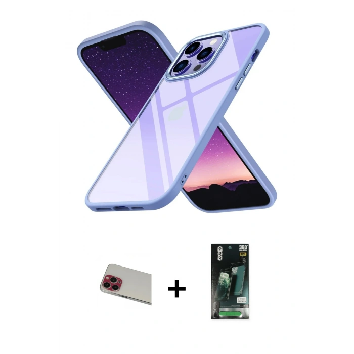 MARSİLYAN™- iPhone 13 Pro Max Kılıf Nova Işık Serisi - Şeffaf 360 Full Body Arka Koruyucu + Rainbow Kamera Lens Koruma Cam - KI