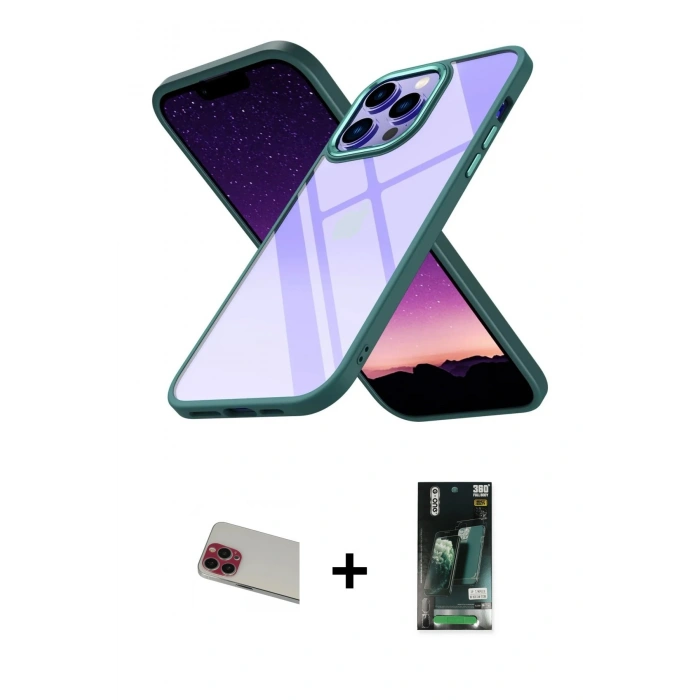 MARSİLYAN™- iPhone 13 Pro Max Kılıf Nova Işık Serisi - Şeffaf 360 Full Body Arka Koruyucu + Rainbow Kamera Lens Koruma Cam - KI