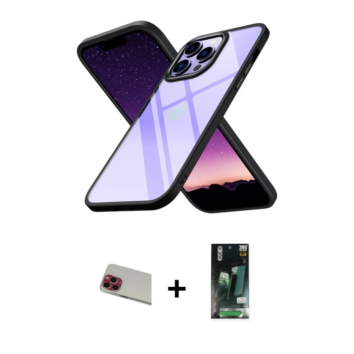 MARSİLYAN™- iPhone 13 Pro Max Kılıf Nova Işık Serisi - Şeffaf 360 Full Body Arka Koruyucu + Rainbow Kamera Lens Koruma Cam - KI
