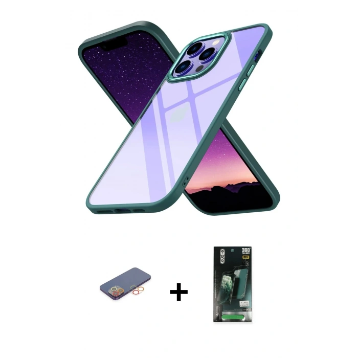 MARSİLYAN™- iPhone 13 Pro Max Kılıf Nova Işık Serisi - Şeffaf 360 Full Body Arka Koruyucu + Renkli Kamera Lens Koruma Cam - TU