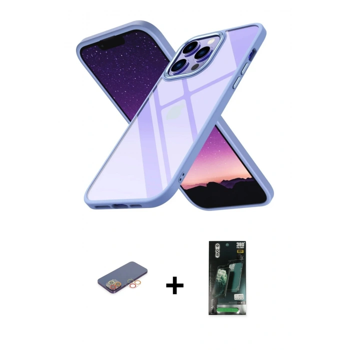 MARSİLYAN™- iPhone 13 Pro Max Kılıf Nova Işık Serisi - Şeffaf 360 Full Body Arka Koruyucu + Renkli Kamera Lens Koruma Cam - TU