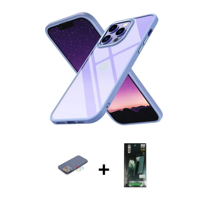 MARSİLYAN™- iPhone 13 Pro Max Kılıf Nova Işık Serisi - Şeffaf 360 Full Body Arka Koruyucu + Renkli Kamera Lens Koruma Cam - MI