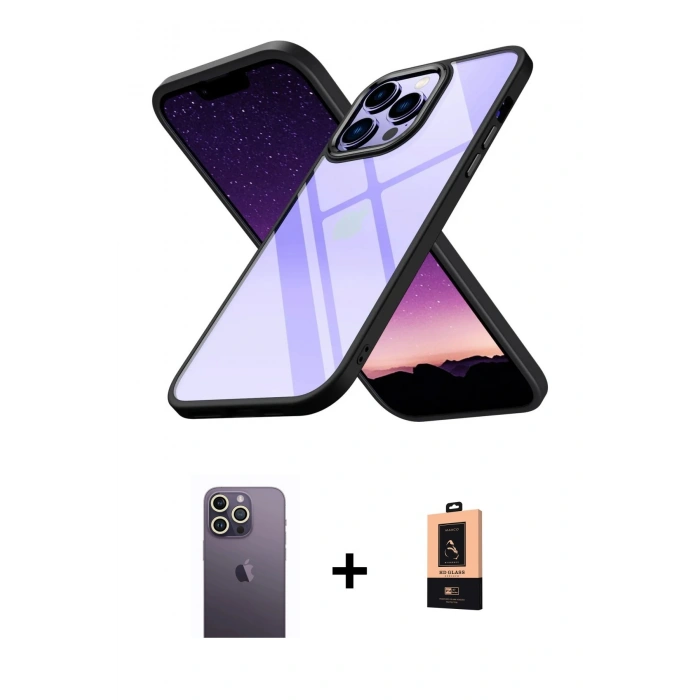 MARSİLYAN™- iPhone 13 Pro Max Kılıf Nova Işık Serisi - Şeffaf Maxco Cam Ekran Koruyucu + Neon Fosforlu Kamera Lens - BZ