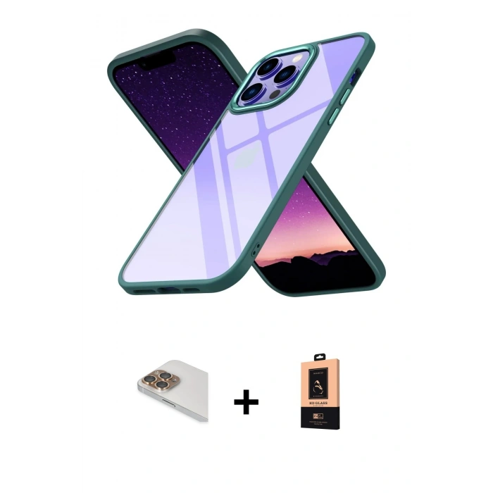 MARSİLYAN™- iPhone 13 Pro Max Kılıf Nova Işık Serisi - Şeffaf Maxco Cam Ekran Koruyucu + Pers Alüminyum Kamera Lens - GD