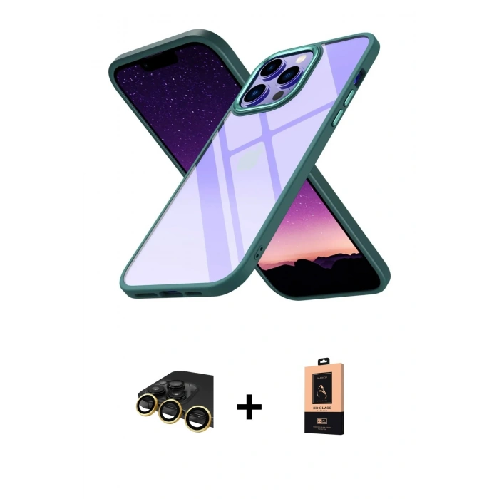 MARSİLYAN™- iPhone 13 Pro Max Kılıf Nova Işık Serisi - Şeffaf Maxco Cam Ekran Koruyucu + Raze Metal Kamera Lens - GD