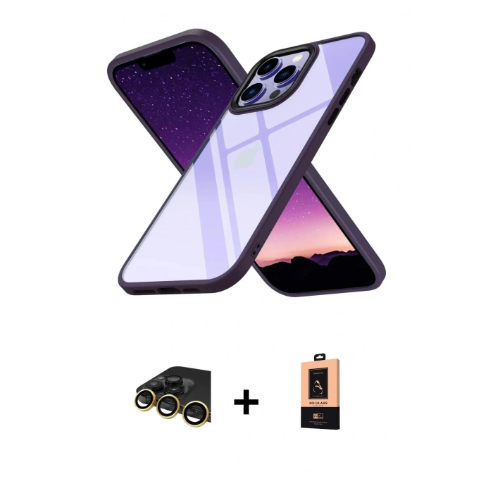 MARSİLYAN™- iPhone 13 Pro Max Kılıf Nova Işık Serisi - Şeffaf Maxco Cam Ekran Koruyucu + Raze Metal Kamera Lens - GD