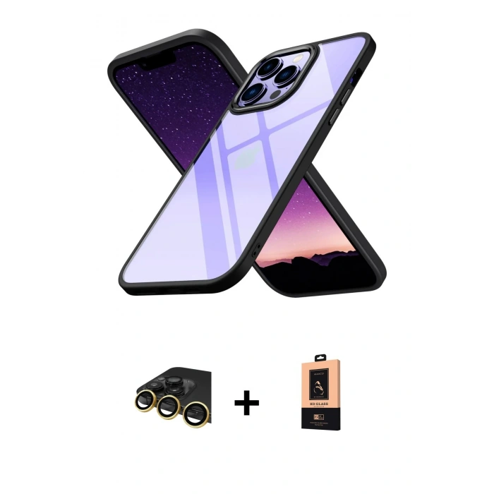 MARSİLYAN™- iPhone 13 Pro Max Kılıf Nova Işık Serisi - Şeffaf Maxco Cam Ekran Koruyucu + Raze Metal Kamera Lens - GD