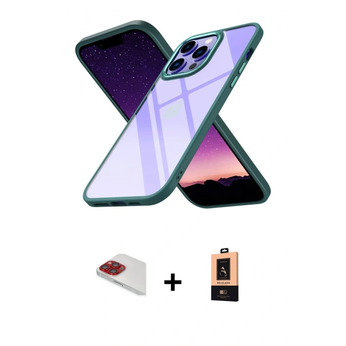 MARSİLYAN™- iPhone 13 Pro Max Kılıf Nova Işık Serisi - Şeffaf Maxco Cam Ekran Koruyucu + Kırmızı Pers Alüminyum Kamera Lens