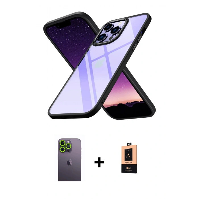 MARSİLYAN™- iPhone 13 Pro Max Kılıf Nova Işık Serisi - Şeffaf Maxco Cam Ekran Koruyucu + Neon Fosforlu Kamera Lens - YL