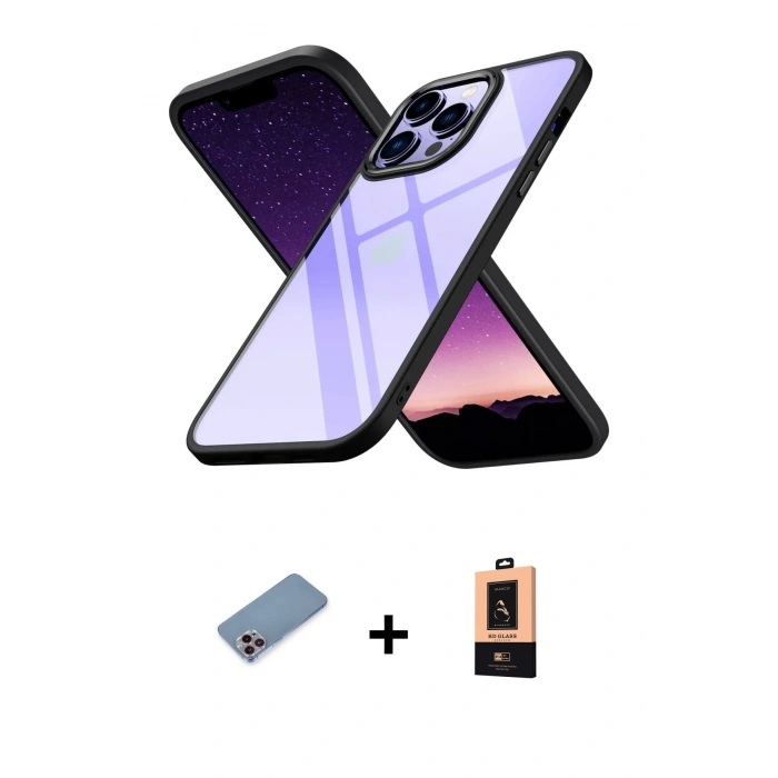 MARSİLYAN™- iPhone 13 Pro Max Kılıf Nova Işık Serisi - Şeffaf Maxco Cam Ekran Koruyucu + Pembe Shine Kamera Lens Koruma Cam