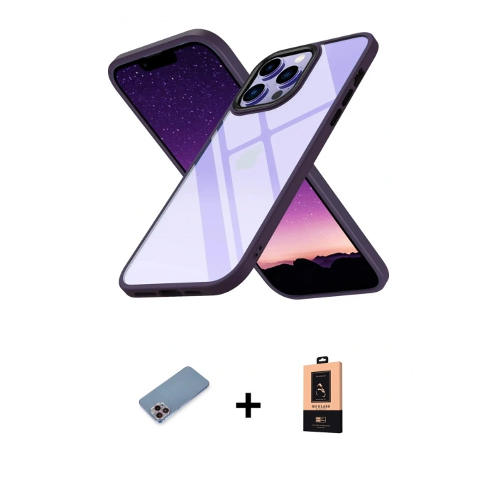 MARSİLYAN™- iPhone 13 Pro Max Kılıf Nova Işık Serisi - Şeffaf Maxco Cam Ekran Koruyucu + Pembe Shine Kamera Lens Koruma Cam