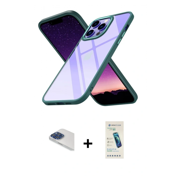 MARSİLYAN™- iPhone 13 Pro Max Kılıf Nova Işık Serisi - Şeffaf Pasifik Cam Ekran Koruyucu + Pers Alüminyum Kamera Lens - LT