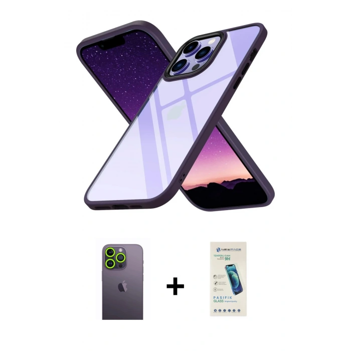 MARSİLYAN™- iPhone 13 Pro Max Kılıf Nova Işık Serisi - Şeffaf Pasifik Cam Ekran Koruyucu + Neon Fosforlu Kamera Lens - YL