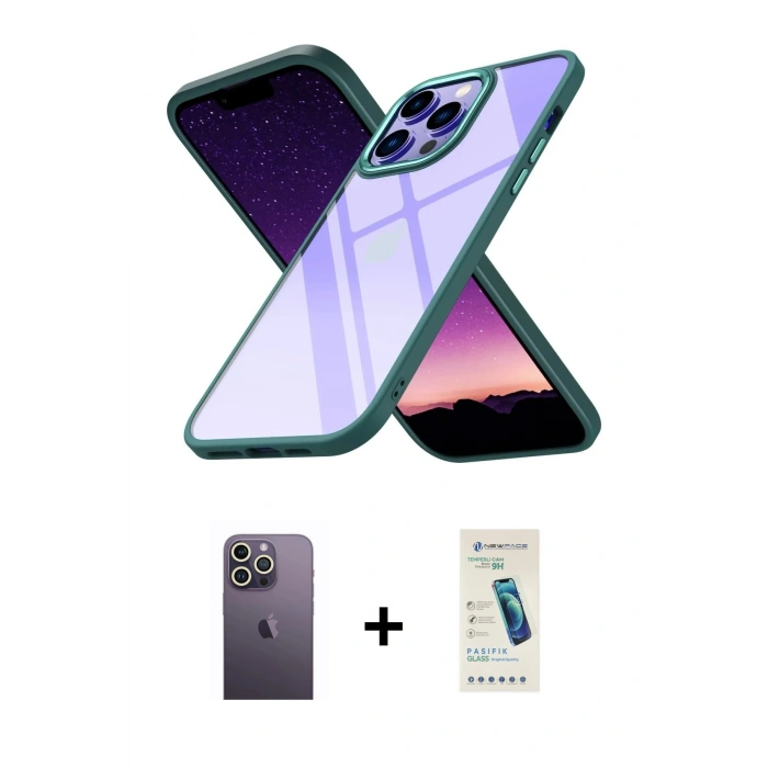 MARSİLYAN™- iPhone 13 Pro Max Kılıf Nova Işık Serisi - Şeffaf Pasifik Cam Ekran Koruyucu + Neon Fosforlu Kamera Lens - BZ