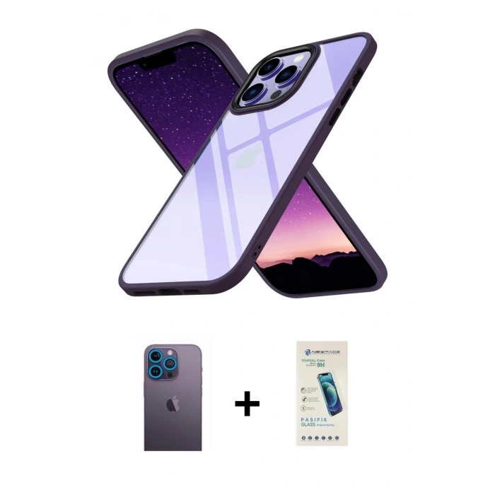 MARSİLYAN™- iPhone 13 Pro Max Kılıf Nova Işık Serisi - Şeffaf Pasifik Cam Ekran Koruyucu + Neon Fosforlu Kamera Lens - MI