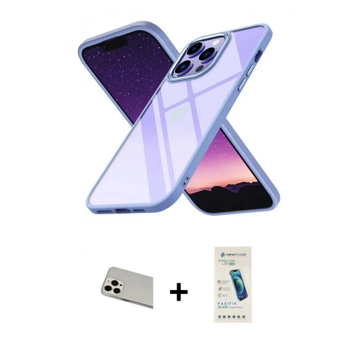 MARSİLYAN™- iPhone 13 Pro Max Kılıf Nova Işık Serisi - Şeffaf Pasifik Cam Ekran Koruyucu + Rainbow Kamera Lens Koruma Cam - BZ