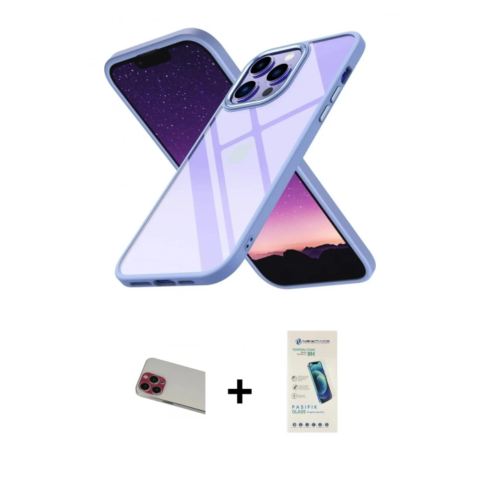 MARSİLYAN™- iPhone 13 Pro Max Kılıf Nova Işık Serisi - Şeffaf Pasifik Cam Ekran Koruyucu + Rainbow Kamera Lens Koruma Cam - KI
