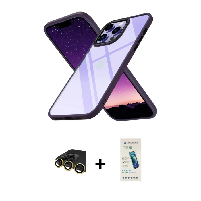 MARSİLYAN™- iPhone 13 Pro Max Kılıf Nova Işık Serisi - Şeffaf Pasifik Cam Ekran Koruyucu + Raze Metal Kamera Lens - GD