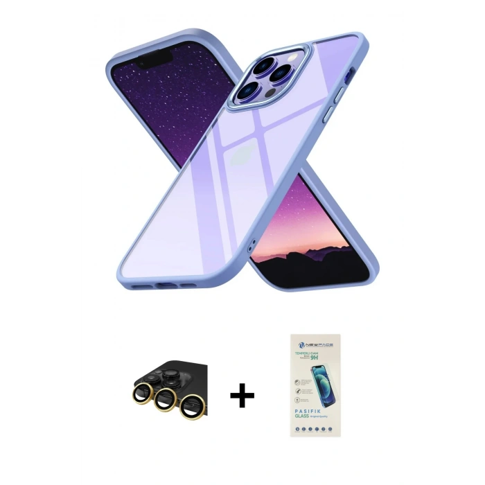 MARSİLYAN™- iPhone 13 Pro Max Kılıf Nova Işık Serisi - Şeffaf Pasifik Cam Ekran Koruyucu + Raze Metal Kamera Lens - GD