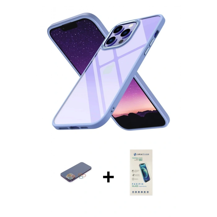 MARSİLYAN™- iPhone 13 Pro Max Kılıf Nova Işık Serisi - Şeffaf Pasifik Cam Ekran Koruyucu + Renkli Kamera Lens Koruma Cam - PE