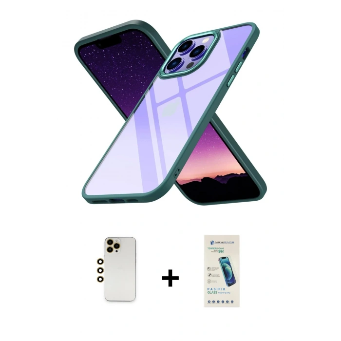 MARSİLYAN™- iPhone 13 Pro Max Kılıf Nova Işık Serisi - Şeffaf Pasifik Cam Ekran Koruyucu + Shine Kamera Lens - GD