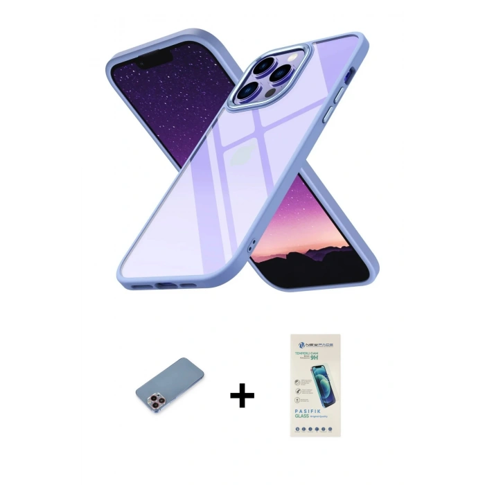 MARSİLYAN™- iPhone 13 Pro Max Kılıf Nova Işık Serisi - Şeffaf Pasifik Cam Ekran Koruyucu + Shine Kamera Lens Koruma Cam - PE